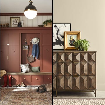 A collage of four distinct interior design setups, showcasing diverse elements and styles.