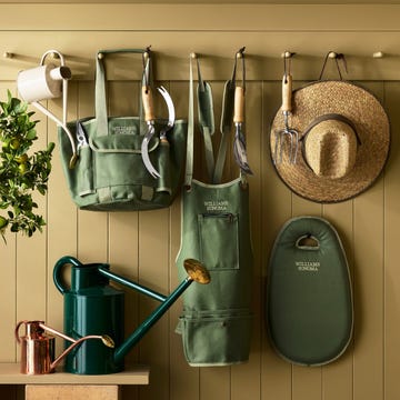 Gardening tools and accessories displayed on a wall. Gardening tools and accessories displayed on a wall.