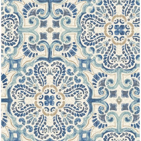 Florentine Blue Faux Tile Wallpaper