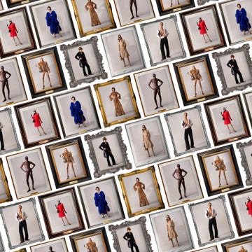 Fashion showcase with framed outfits displayed on a wall. Fashion showcase with framed outfits displayed on a wall.
