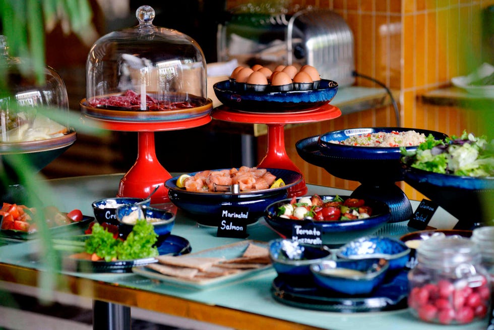 Buffet table featuring a variety of dishes