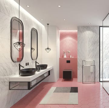 contemporary bathroom with light pink honeycomb tiles