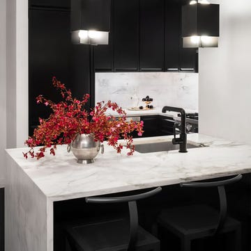 Modern kitchen featuring a marble countertop  black cabinetry  and decorative floral arrangement