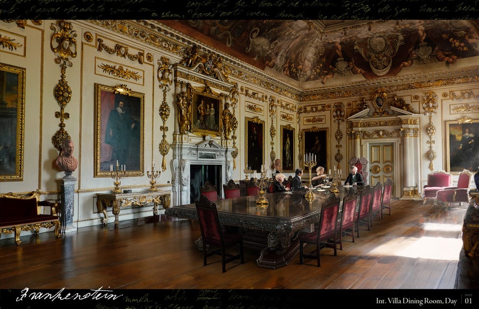 an illustration of wilton house's double cube room during the day.