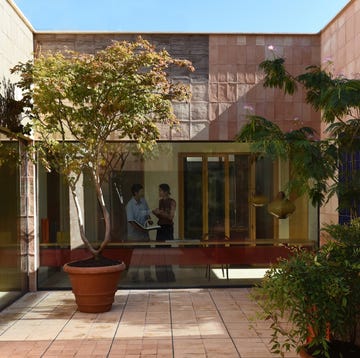 interior courtyard featuring plants and individuals engaging in conversation
