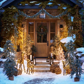 front door and steps decked out with lighted deer, balls, trees, candles, and garlands