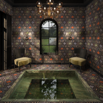 A stylish indoor space featuring a small pool and patterned walls. A stylish indoor space featuring a small pool and patterned walls.