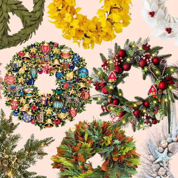 various wreaths displayed in a collage over a light pink background